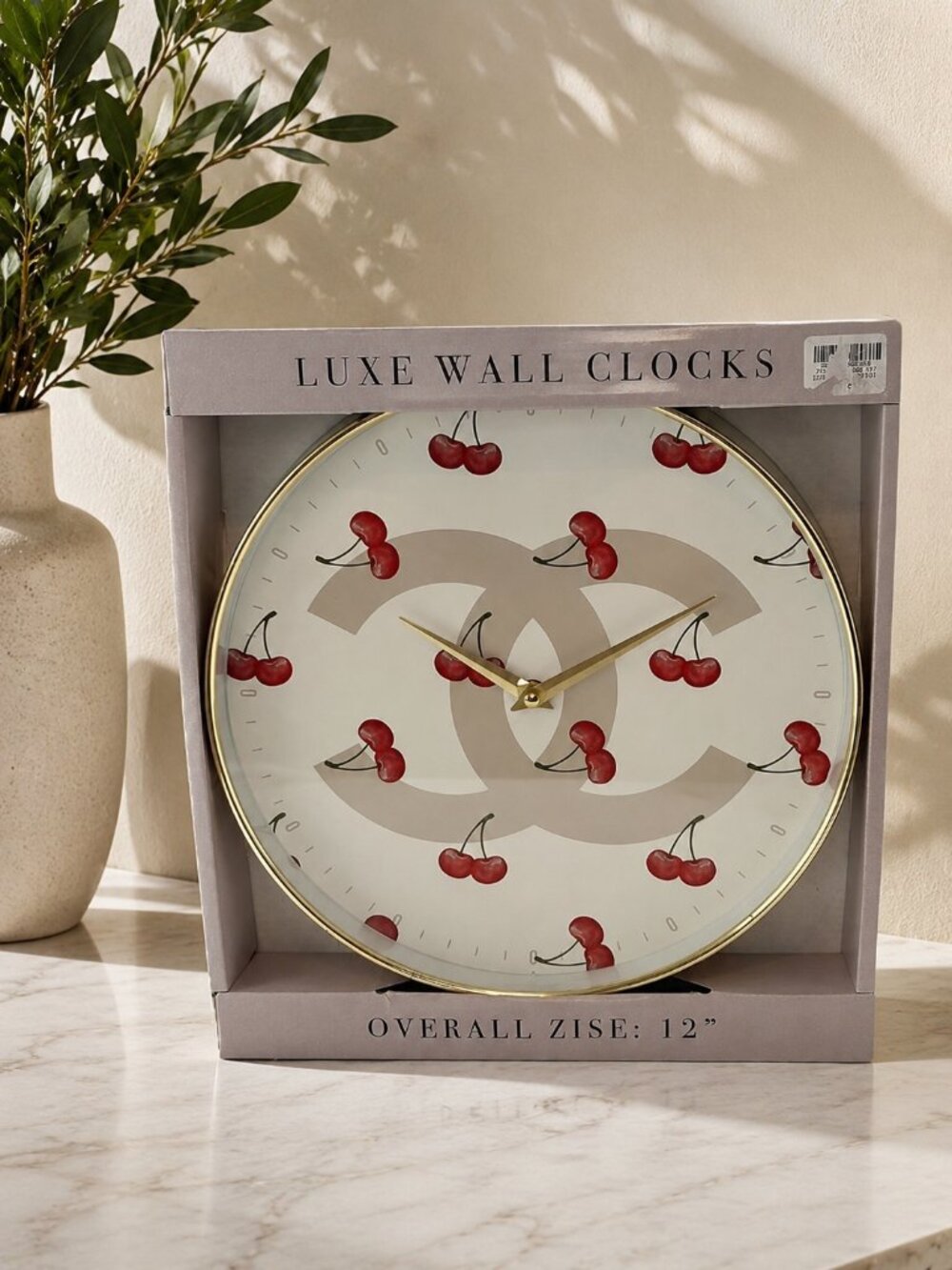 NIB 12" Cherry Wall Clock Gold Rim Modern Luxe Home Decor Coquette Cottagecore